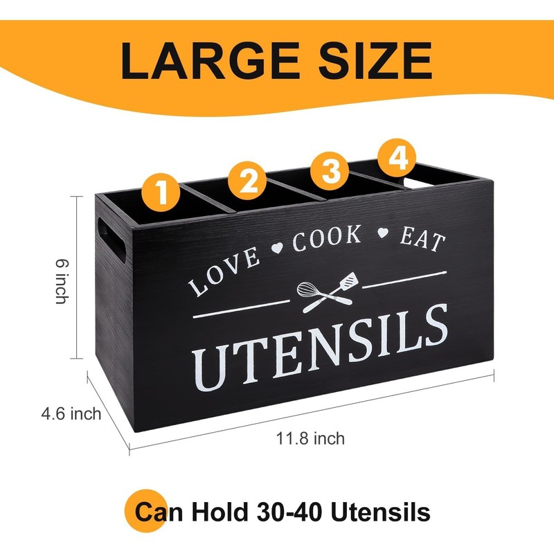 GIOTUK Wooden Kitchen Utensil Holder with 4 Compartments & Drainage,