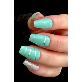 22 Premium Semi-Cured Gel Nail Polish Strips w/Application Accessories (Teal, Silver Lines & Glitter)