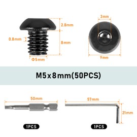 SUPAWAY M5 x 8 mm Rounded Head Screws with Hex Socket, Pack of 50, Galvanised 304 Stainless Steel, Round Head Hex Socket Bolts with Allen Key and H3 Batch Head for Car Screws with Thread, Black