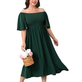 SHESTARR Women's Plus Size Summer Maxi Dress Swiss Dot Short Sleeve Square Neck Smocked A Line Flowy Boho Long Dress Emerald Green