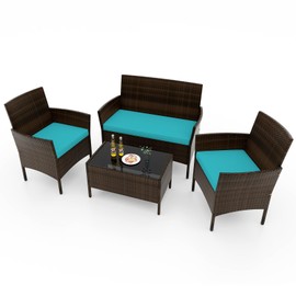 RELAX4LIFE 4-Piece Patio Furniture Set - Rattan Outdoor Conversation Bistro Set w/Cushions, Glass Coffee Table, Wicker Chairs & Loveseat for Garden Backyard Porch, Balcony Furniture Set (1, Turquoise)