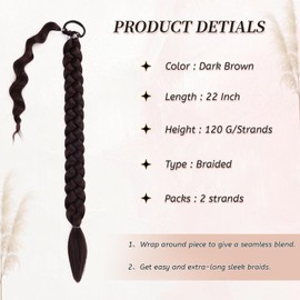 2 Packs Dark Brown Long Braided Ponytail Extensions with Hair Ties Natural Soft Synthetic Hair Piece for Black Women Straight Wrap Around Hair Extensions Ponytail