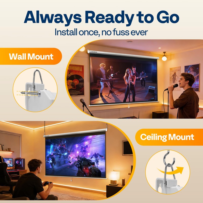 VIVOHOME 100 Inch 16:9 Pull Down Projector Screen, HD 4K