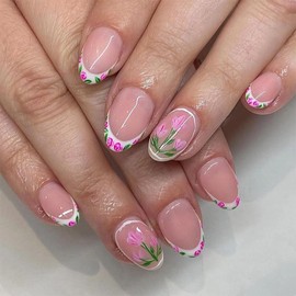 MISUD Summer Press on Nails Short Oval Fake Nails Glossy Glue on Nails White French Tip Acrylic Nails Round Artificial Nails Tulip Flower Stick on False Nails with Design 24 pcs
