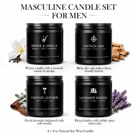 Scented Candles Set|Men Candle Set,Scented Candles for Home,Gifts for Men Aromatherapy Gift Set,4 Pack Manly Soy Candle Set with Leather/Smoke & Vanilla/Oak/Lavender- Gift for Husband,Dad Father's Day