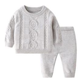 AUGCCSUMM Newborn Baby Boy Girl Knit Sweater and Pants Set, Spring Winter Cable Knitted 2 Piece Sweater Outfit, Gray, 6-12 Months