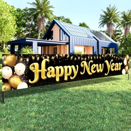 KatchOn, XtraLarge Happy New Year Yard Sign - 120x20 Inch, Happy New Year Banner 2024 | Happy New Year Decorations 2024 | Black and Gold Happy New Year Yard Banner | New Years Eve Party Supplies 2024