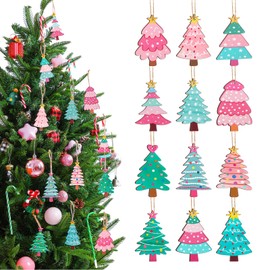 Colingmill 12 Pcs Pastel Christmas Tree Ornament Pink Blue Green Candy Color Xmas Tree Shaped Decorations Wooden Crafts 3D Design Hanging Decor for Xmas Decoration