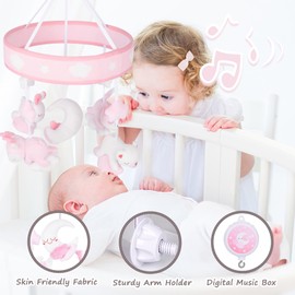 YIERCHOO Crib Mobile for Girls, Baby Mobile for Crib with 12 Lullabies Digital Musical Box, 3 Modes, Volume & Songs Control, Pink Design for Nursey Decor