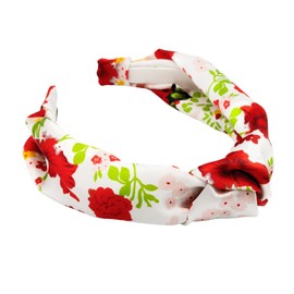 Bellefixe Knotted Headband for Women (Red Floral), Wide Knotted Headband in White Satin with Red and Yellow Floral Pattern