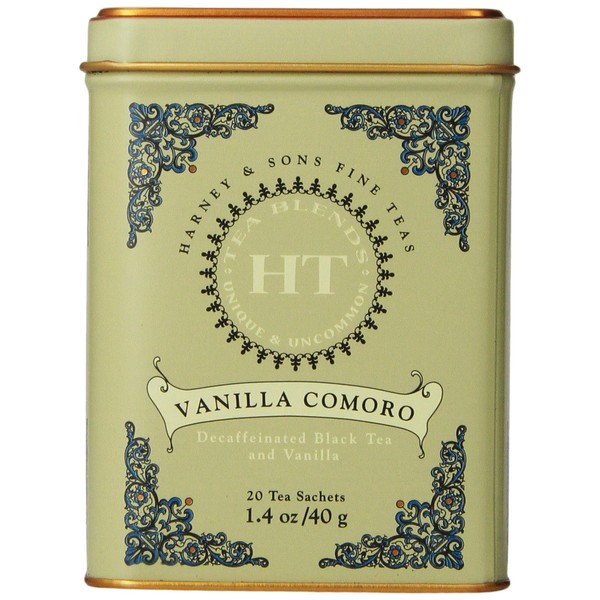 Harney & Sons Tea Decaffeinated, Great Present Idea, Vanilla Comoro, 1.4 oz Tin (20 Sachets)