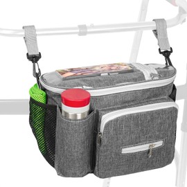 Large Walker Bag with Water Cup Holder,Walker Basket,Foldable Walker Storage Bag,Side Walker Bag,Walker Side Access Bag Organizer Pouch Tote,Scooters or Rollator Walkers (Gray)