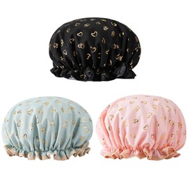 3Pcs Shower Cap Waterproof Elastic Bath Cap Double Layers Bath Hair Cap Bath Hats Reusable Shower Hat Washable Hair Cap Bathing Hat Heart Pattern for Women Kids Girl Salon Spa Black Pink Green