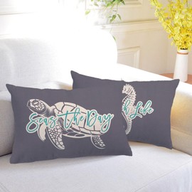 7COLORROOM 2Pack Ocean Theme Decor Throw Pillow Cover Grey Double-Sided Printed Sea Turtle Seahorse Rectangular/Waist Cushion Cover Summer Coastal Beach Home Decor Pillowcases 12”×20”(Grey)