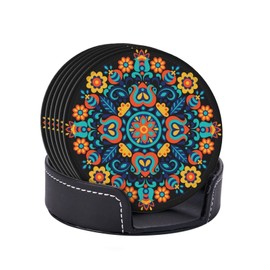 Famame 6 Pcs Mexican Floral Navajo Pattern Leather Coasters for Drinks with Holder Coaster Sets Drink Table Cup Coasters for Living Room Kitchen Coffee Decor