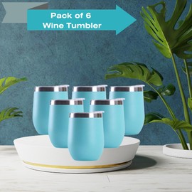 Le Vincent Stainless Steel Wine Tumbler 6 pack Double Wall with Straw and Lid, Stemless Insulated Wine Tumblers Set, 12oz Travel Coffee Cups Drinkware for juice, wine, champaign Pack of 6 (Mint Green)