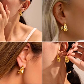 Chunky Gold Stainless Steel CZ Hoop Earrings for Women – Hypoallergenic Gold Plated Stain Jewelry, Trendy Statement Hoops Fashion Accessory