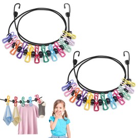 Flintronic 2 Pack Portable Clothesline, Elastic Clothesline, Travel Washing Line with 12pcs Clips, Adjustable Retractable Windproof Rope Clothes line for Outdoor Camping Travel Clothes Laundry Drying