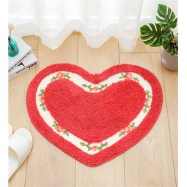 Heart Shaped Floral Rural Style Rug, Water Absorbent Bathroom Floor Mat, Shower Rug Bedroom Living Room Carpet (17.7x19.7inches, Red)