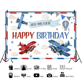 7x5ft Airplane Happy Birthday Backdrop Red Blue Airplane Boys Birthday Party Photography Background How Time Flies Happy Birthday Decorations Kids Portraits Banner Photo Studio Props