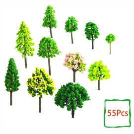 ANCLLO 55 Pcs Mixed Plastic Model Miniature Trees, Model Train Scenery Decorative Fake Trees, DIY Mini Artificial Scenery Landscape,Fish Tank,Teaching(3-7 cm)