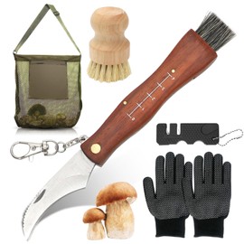 RANJIMA Pilzmesser mit Bürste, Schwammerlmesser mit Pinsel zum aufklappen, Pilzmesser Set mit Klappbar Taschenmesser, Messerschärfer,Handschuhe,Pilzbürste und Pilzbeutel, für Outdoor,Camping,Survival