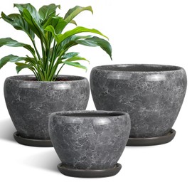 EPFamily Ceramic Planters - 10 Inch 8 Inch 6 Inch Round Decorative Plant Pots with Drainage Holes and Saucers for Indoor Outdoor Flower, Room Home Apartment Decor, Gift for Women Men, Set of 3, Grey