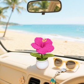 Rimvoe Crochet Hibiscus Flower Pot for Car Dashboard or Home Decor, Handmade Knitted Hawaiian Flower Pot (Fuchsia)