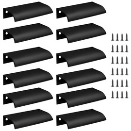 Cjueiom 12 Pack Concealed Kitchen Cupboard Handles 64mm Hole Center Hidden Drawer Pulls, Finger Edge Pull Aluminum Cabinet Handle Invisible Door Knob for Wardrobe (80mm Total Length, Black)