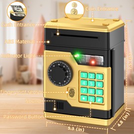 NAFEIV Piggy Bank, Automatic Electronic Piggy Bank for Kids Boys Girls with Password and Fingerprint Unlocking Simulation, Money Bank Kids Safe Toys for 3 4 5 6 7 8 9 10 Year Old Boy Girl (Black Gold)