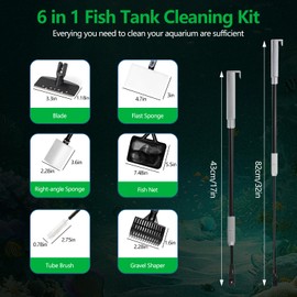 SYSENCIAGA Aquarium Cleaning Tools 6 in 1, Fish Tank Cleaning Kit for 20-160 Gallon Acrylic & Glass Tank with Telescopic Long Handle, Algae Scraper, Scrubber Pads, Tube Cleaner, Fish net, Gravel Rake