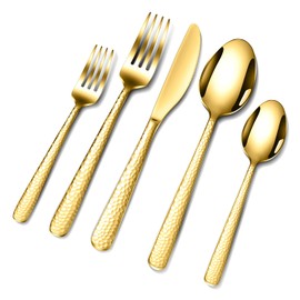 Hammered Silverware Set, 30 Pieces Flatware Set Service for 6, Mirror Polished Cutlery Utensil Set Include Fork Knife Spoon Set Dishwasher Safe, 18/10 Premium Stainless Steel (Gold-30)