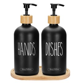 2 Pack 16 Oz Glass Soap Dispenser Set with Tray, Hand Dish Soap Dispenser Set for Bathroom and Kitchen Bottle Dispenser with Dish Soap, Hand Soap, Lotion (Black（Hands） Black (Dishes))