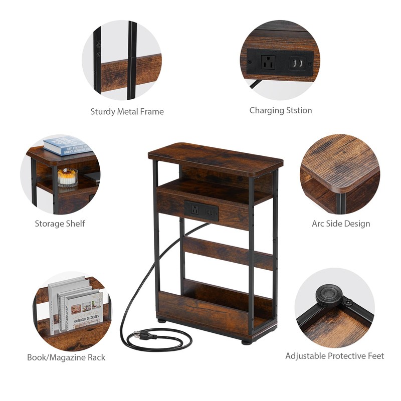 Narrow Side Table With Charging Station, 3-Tier End Table with