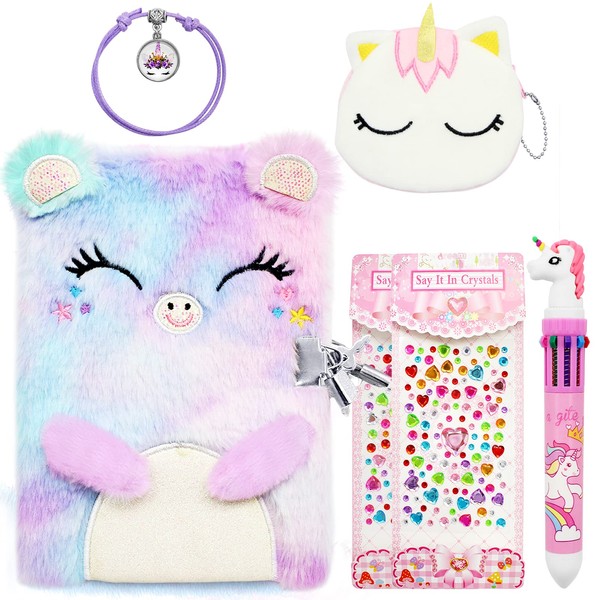 Wieat Secret Diary for Girls, Cat Lockable Diary with Lock, Stationery Set for Girls, Plush Cat Notebook, Unicorn Cat Coin Purs Unicorn Pen/Bracalets, Crystal Sticker, Gift for Kids Age 5 6 7 8 9 10