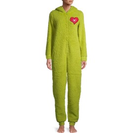 The Grinch Women's Fuzzy Plush Warm Holiday Hooded Union Suit Pajamas (Green, 2X)