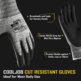 COOLJOB A3 Cut Resistant Fishing Gloves for Men Women, Touchscreen Safety Work Gloves with Grip Nitrile, Knife Proof Anti-slip Dexterous Gloves for Glass Handling Wood Carving, Gray, Small, 1 Pair