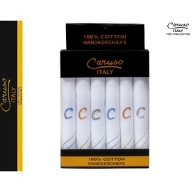 Caruso Italy Mens Monogram (A-Z) Embroidery 100% Pure Cotton Handkerchief White Base with Coloured Edge - Pack of 6, c