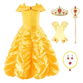 Uhdear Girl's Off Shoulder Princess Dress Layered Costume with Aceessories (110/4 Years, Yellow)