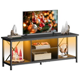 WLIVE TV Stand up to 65 Inch TV, 55" Entertainment Center with LED, Industrial TV Console with Glass Shelf for Living Room and Bedroom, Black