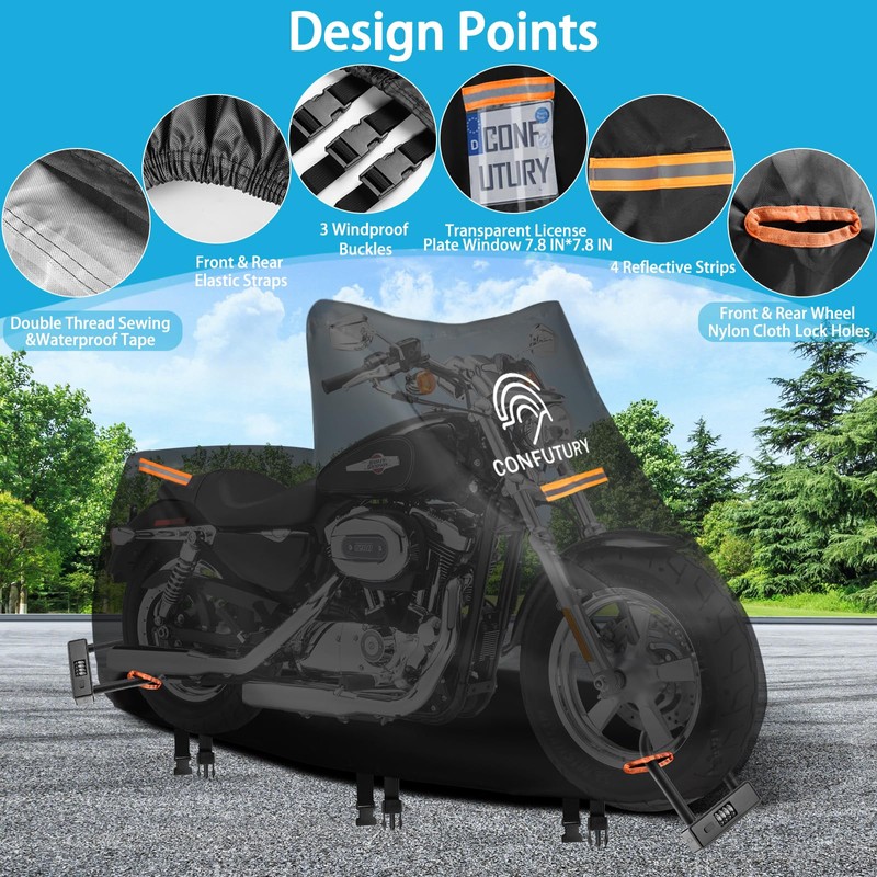 Large Motorcycle Cover Waterproof Outdoor,600D Heavy Duty Oxford Fabric,4 Reflective