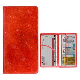 povtii Car Registration and Insurance Holder, Bling PU Leather Vehicle Card Document Glove Box Organizer, Waterproof License Registration Holder for Driver License Cards Documents (Glitter Red)