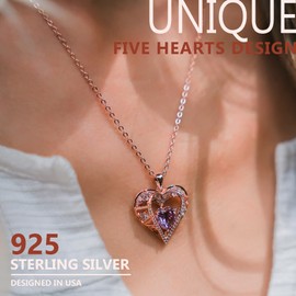 GEMMANCE 5 Heart Crystal Pendant Necklace - 925 Sterling Silver Chain - 18K Rose Gold Plated - Fuchsia Pink - 18”+2” Birthstone Jewelry for Women - Gifts for Birthday, Christmas