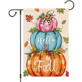 Heyfibro Hello Fall Garden Flag Autumn Polka Dots Blue Pink Pumpkins Garden Flags 12 x 18 Inch Vertical Double Sided Burlap Sunflower Yard Flags for Seasonal Yard Thanksgiving Farmhouse Decoration(ONLY FLAG)