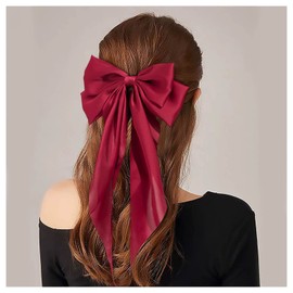 Atentuyi Vintage Red Satin Bow Clip Long Tail Bow Hair Clip Large Silk Bow Barrette Satin Ribbion Bow Hair Clip Large Bow Headpiece Retro Bowknot Accessories Women and Girls