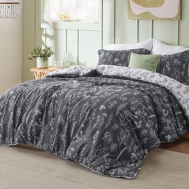 Bedsure Oversized Queen Comforter Set - Dark Grey Bed Set, 3 Pieces Cute Floral Bedding, 1 Soft Reversible Botanical Flowers Comforter and 2 Pillow Shams