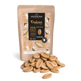 Valrhona Premium French Baking Blonde Chocolate Discs (Feves). DULCEY 35% Cacao. Creamy, Caramel Cookie Flavor Notes. Easy Melt & Tempering. Creamy, Balanced, For Luscious Frostings. 250g (Pack of 1)