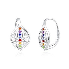 7 Chakra Lotus Earrings for Women - 925 Sterling Silver Yoga Lotus Flower Dangle Leverback Earrings Boho Spiritual Chakra Stone Jewelry Balance Meditation Gifts