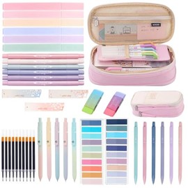Moerstar Pack of 41 School Supplies with Pencil Case, 12 Pastel Highlighters, 6 Mechanical Pencils, 5 Gel Pens Sticky Notes Set, Back to School Stuff School Accessories (Pink)
