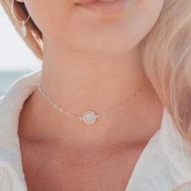 Turandoss Delicate Moonstone Necklace for Women - 14K White Gold Dainty Stone Boho Choker Simple Rainbow Moonstone Gemstone Choker Necklaces for Women